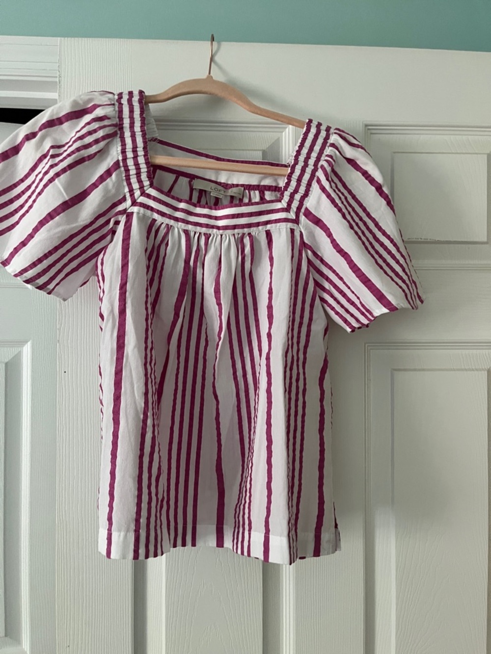LOFT White and Magenta Striped Square Neck Puff Sleeve Top